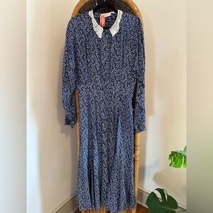 NWT Jack Mulqueen Silk Cottage Prairie Floral Maxi Dress Modest Lace Collar